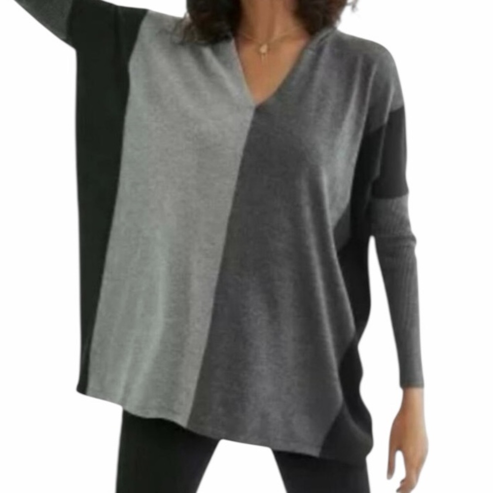 CAbi "Dakota" Grey Hooded Colorblock V-Neck Oversized Sweater #4037 S